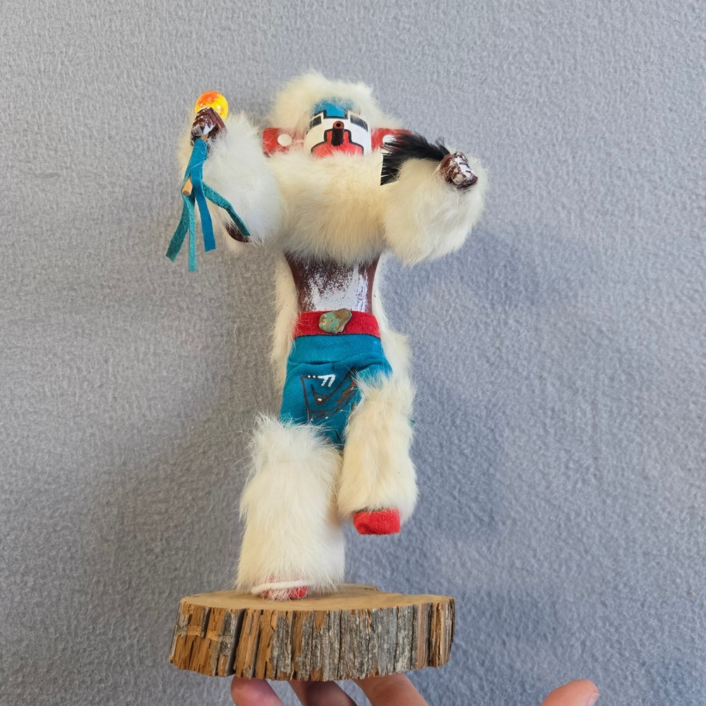 K. Yazzie Kachina Doll Unisex 12in White Snow Dancer Signed Wood Fur Folk Art